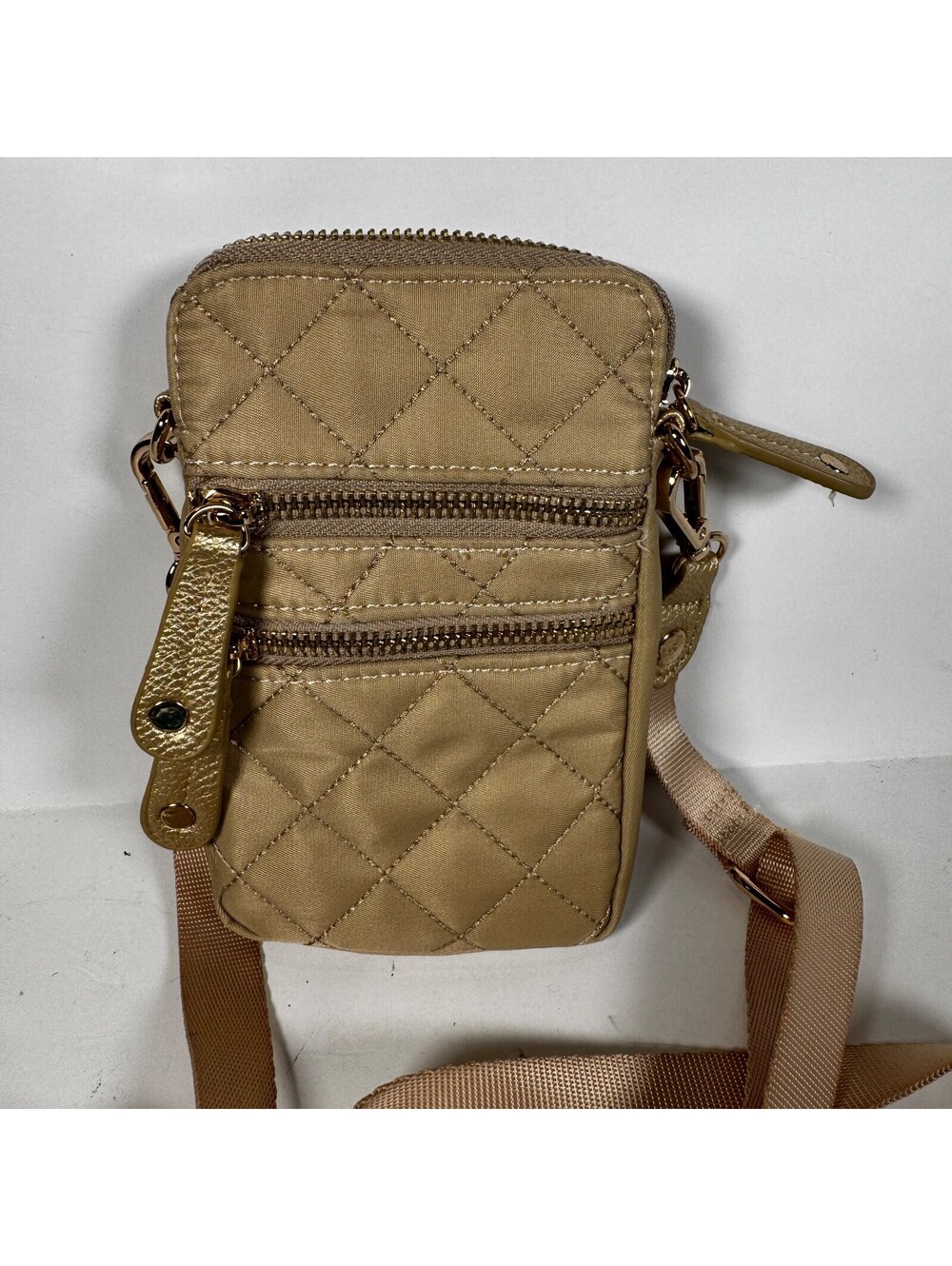 Chico’s Nylon Small Gold Metallic Tan Quilted Wallet Phone Crossbody